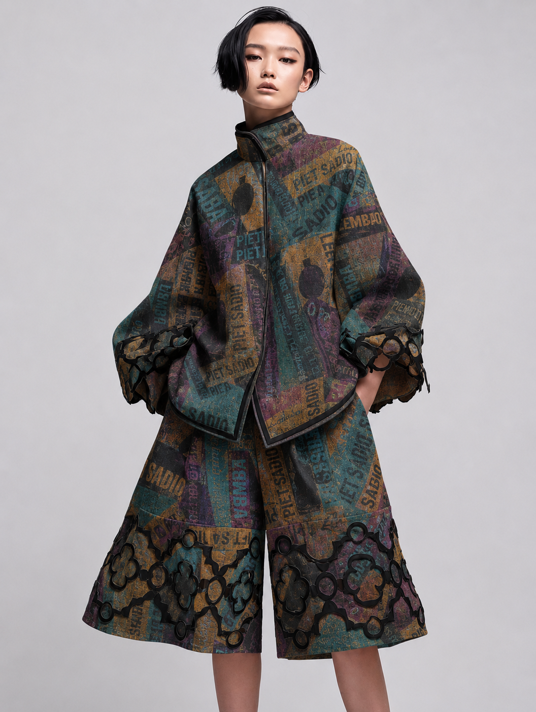 Two-piece outfit consisting of a high-neck, oversized jacket and wide-leg shorts, both featuring a complex multicolor patchwork pattern with text, abstract shapes, and ornate cloud-like borders in teal, purple, gold, and black.